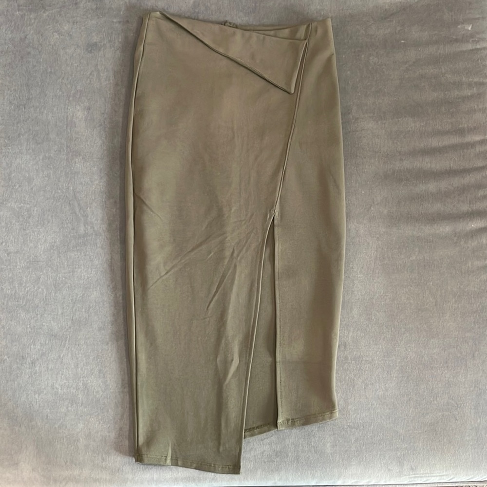 Asymmetrical High Waisted Midi Pencil Skirt | Olive Green - Size Small